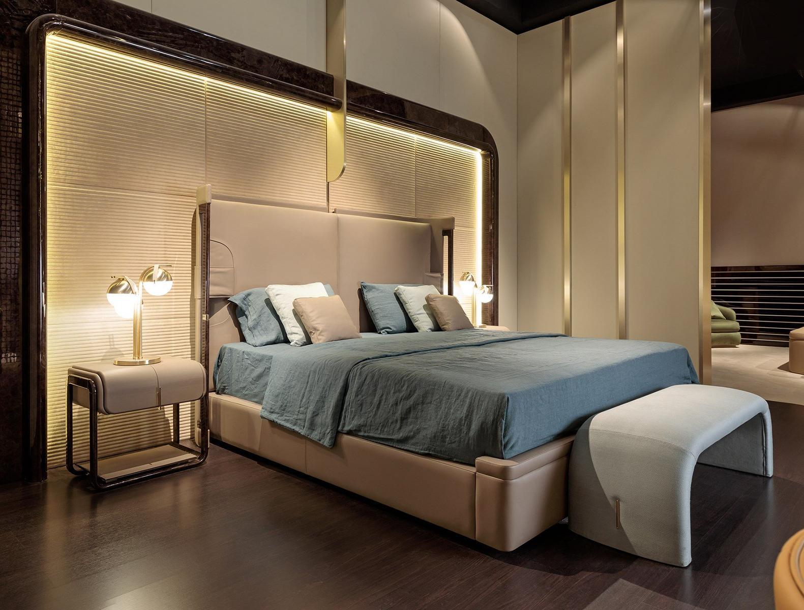 ECLIPSE Leather double bed with upholstered headboard