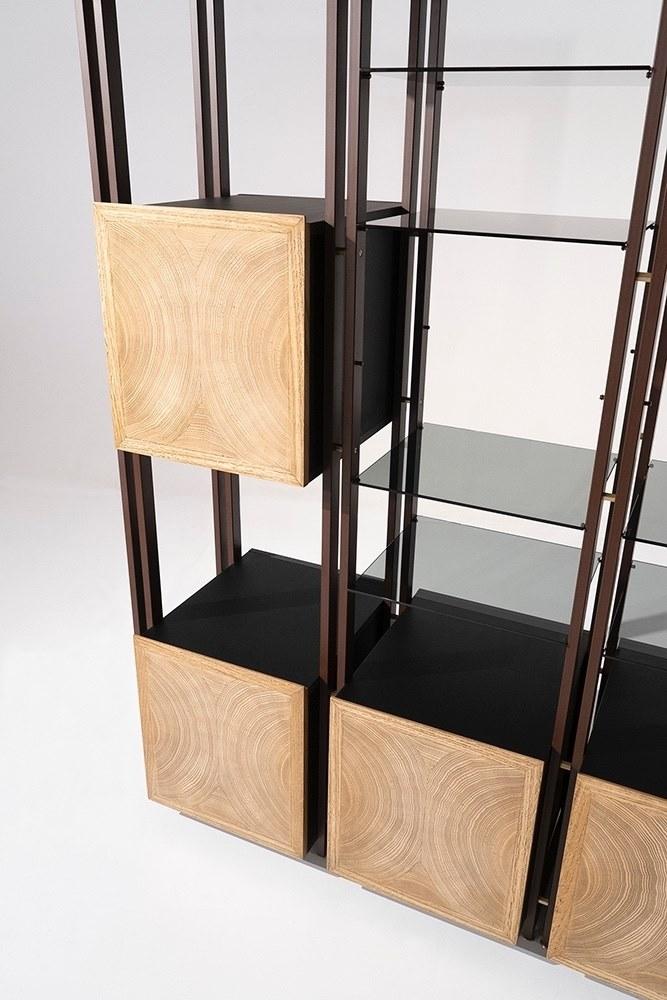 TURY Open wood veneer and iron bookcase with drawers