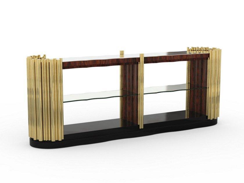 SYMPHONY Oval rosewood and brass console table with glass shelving
