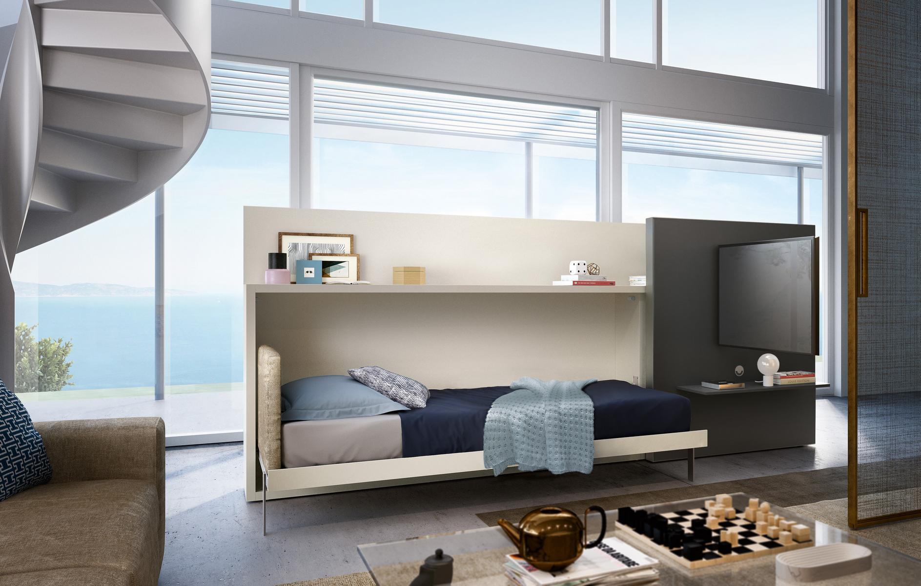 POPPI THEATRE Freestanding wooden storage wall with fold-away bed POPPI THEATRE Freestanding wooden storage wall with fold-away bed