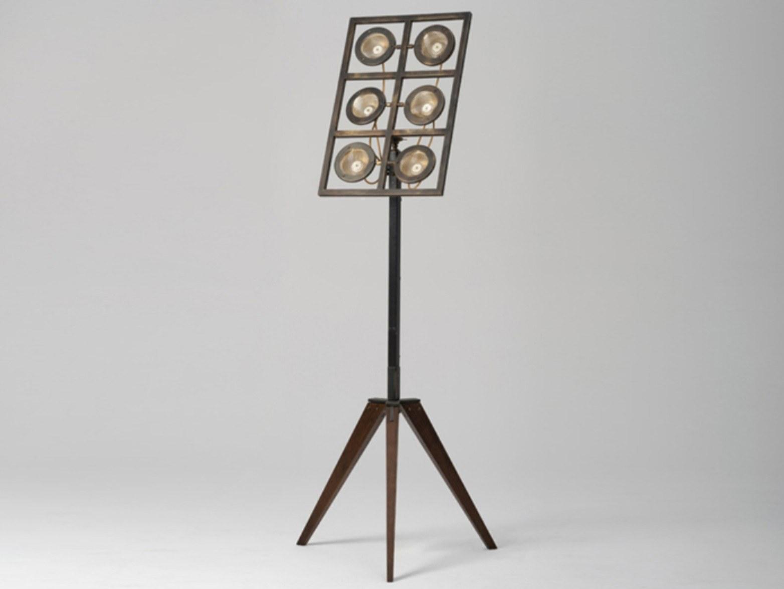 TOTÒ Acid etched brass and oak floor lamp with tripod