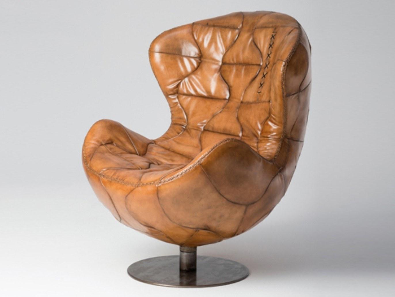 PELÈ Swivel leather armchair with armrests