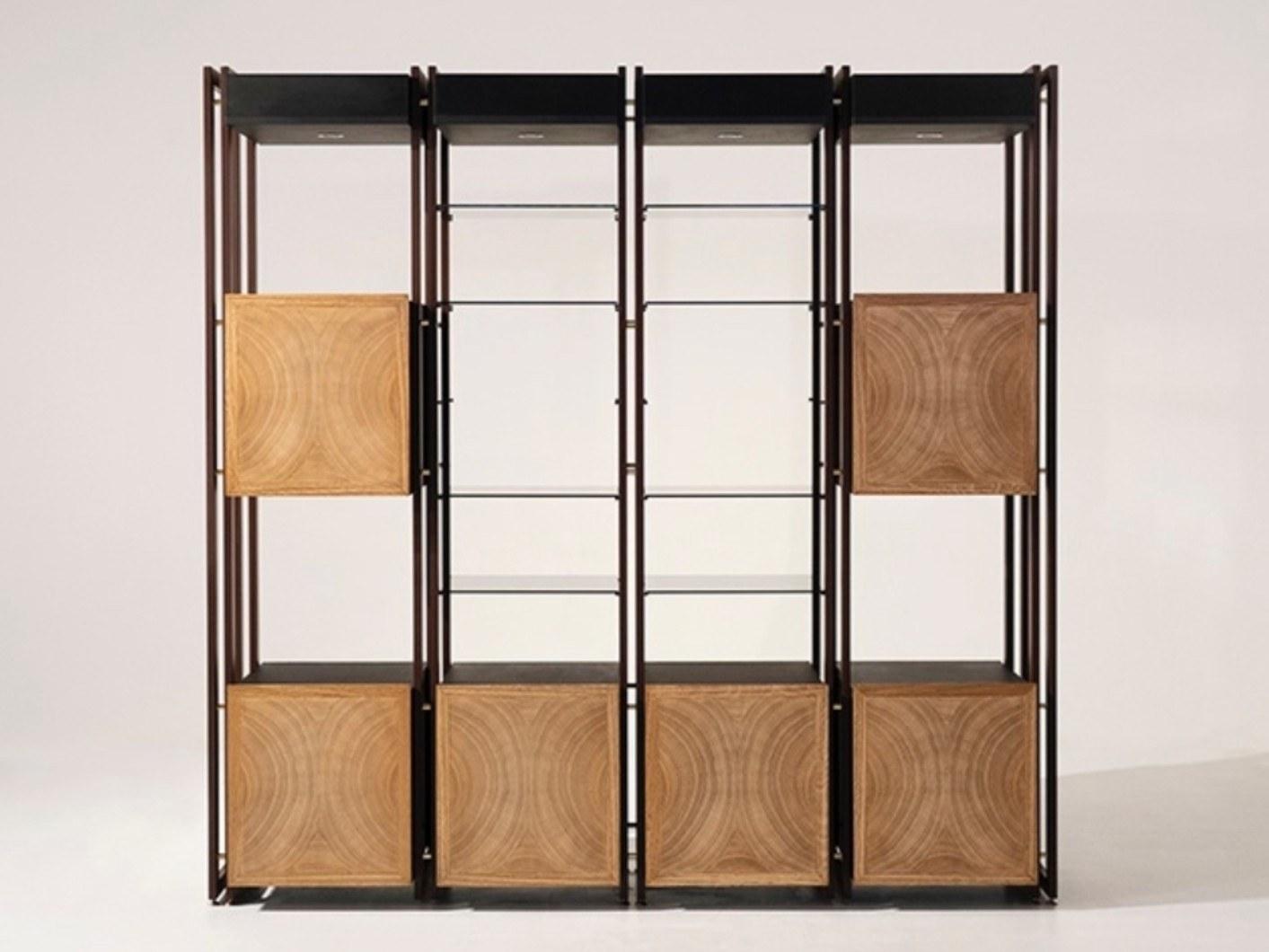 TURY Open wood veneer and iron bookcase with drawers