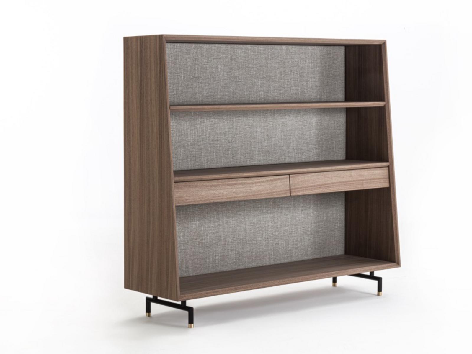 ANALOG Freestanding walnut and fabric bookcase with drawers