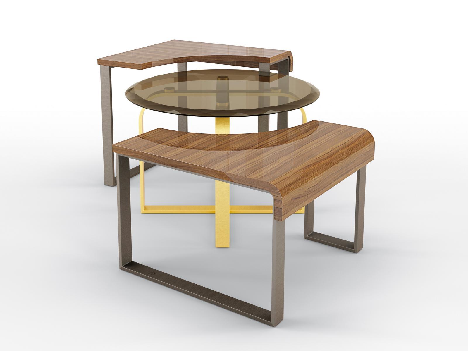 TULIP TRIS Metal coffee table and glass and walnut top