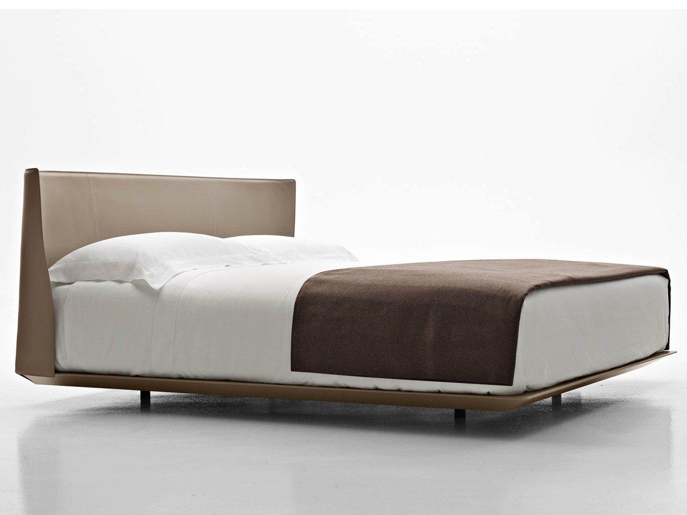 ALYS Tanned leather double bed with upholstered headboard