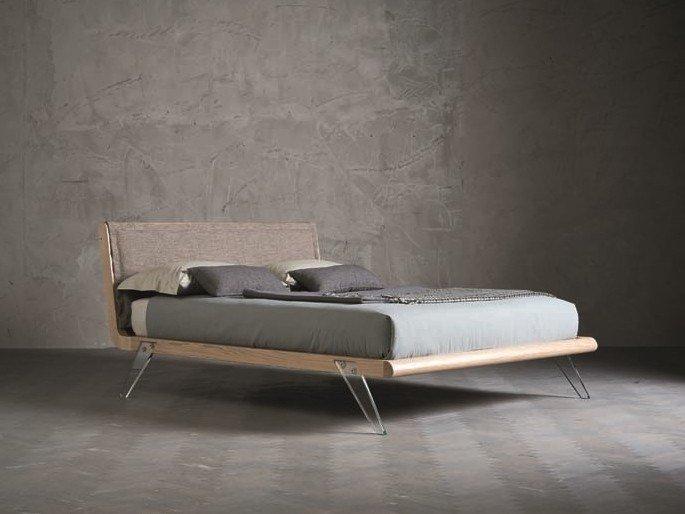 WILLOW Wood and glass double bed with upholstered headboard