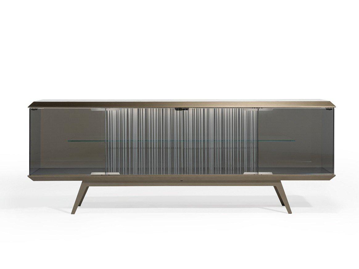 LONDON Glass sideboard with doors with integrated lighting