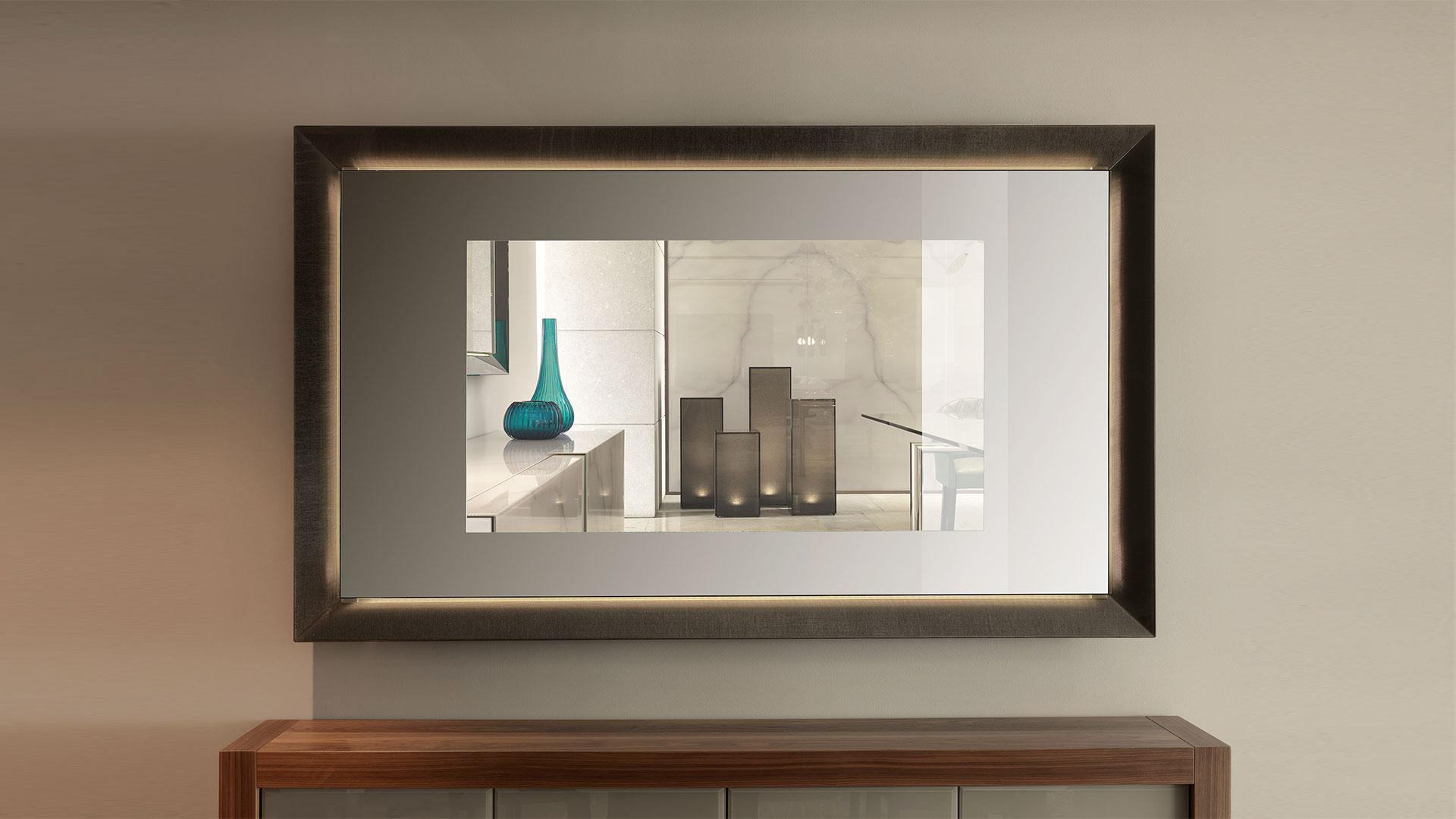PRISMA Wall-mounted retractable mirrored glass TV cabinet