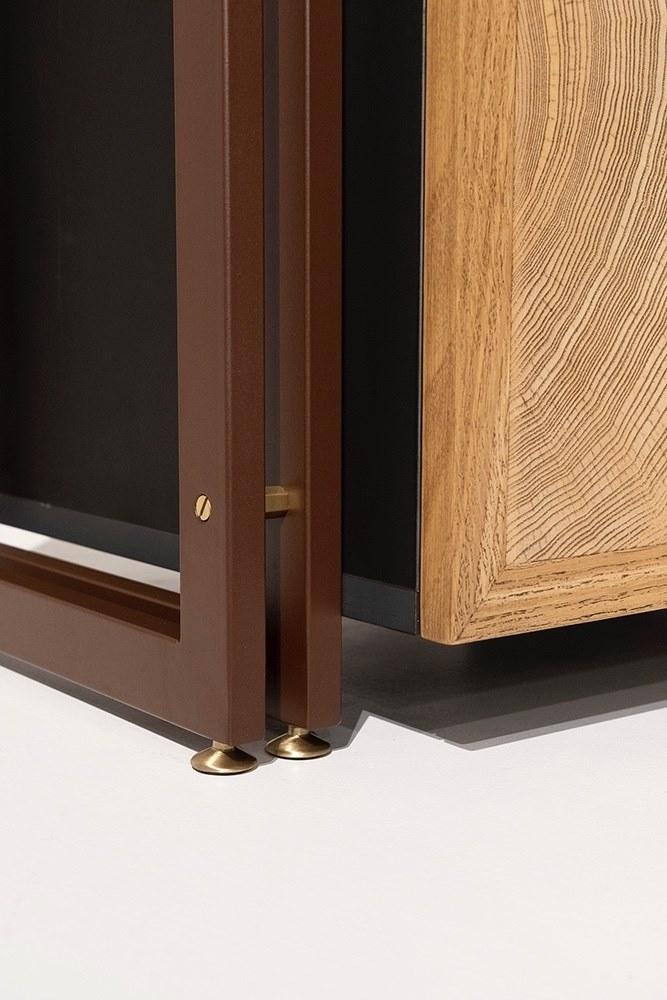 TURY Open wood veneer and iron bookcase with drawers