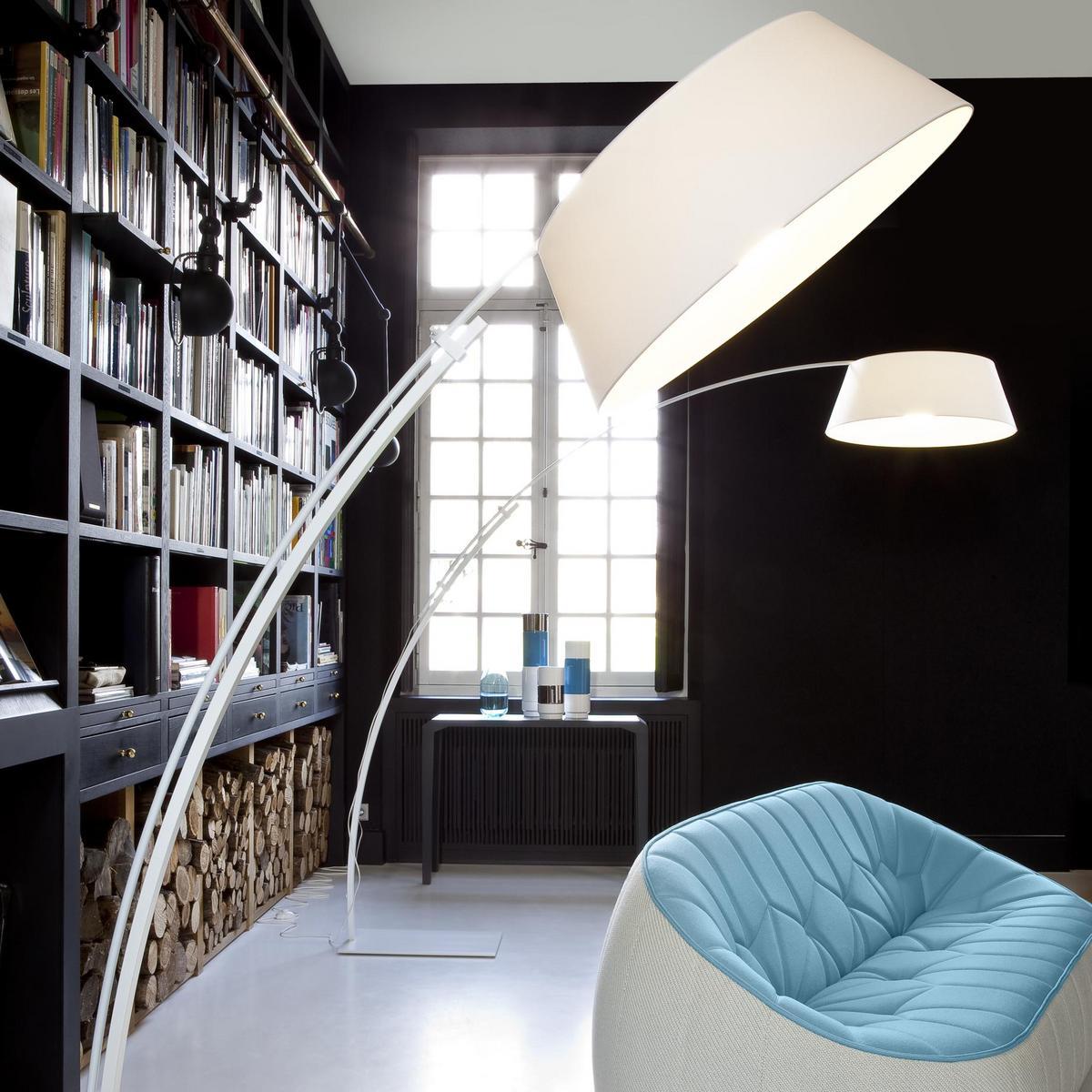 OUVERTURE Arc lamp with steel base and cotton shade