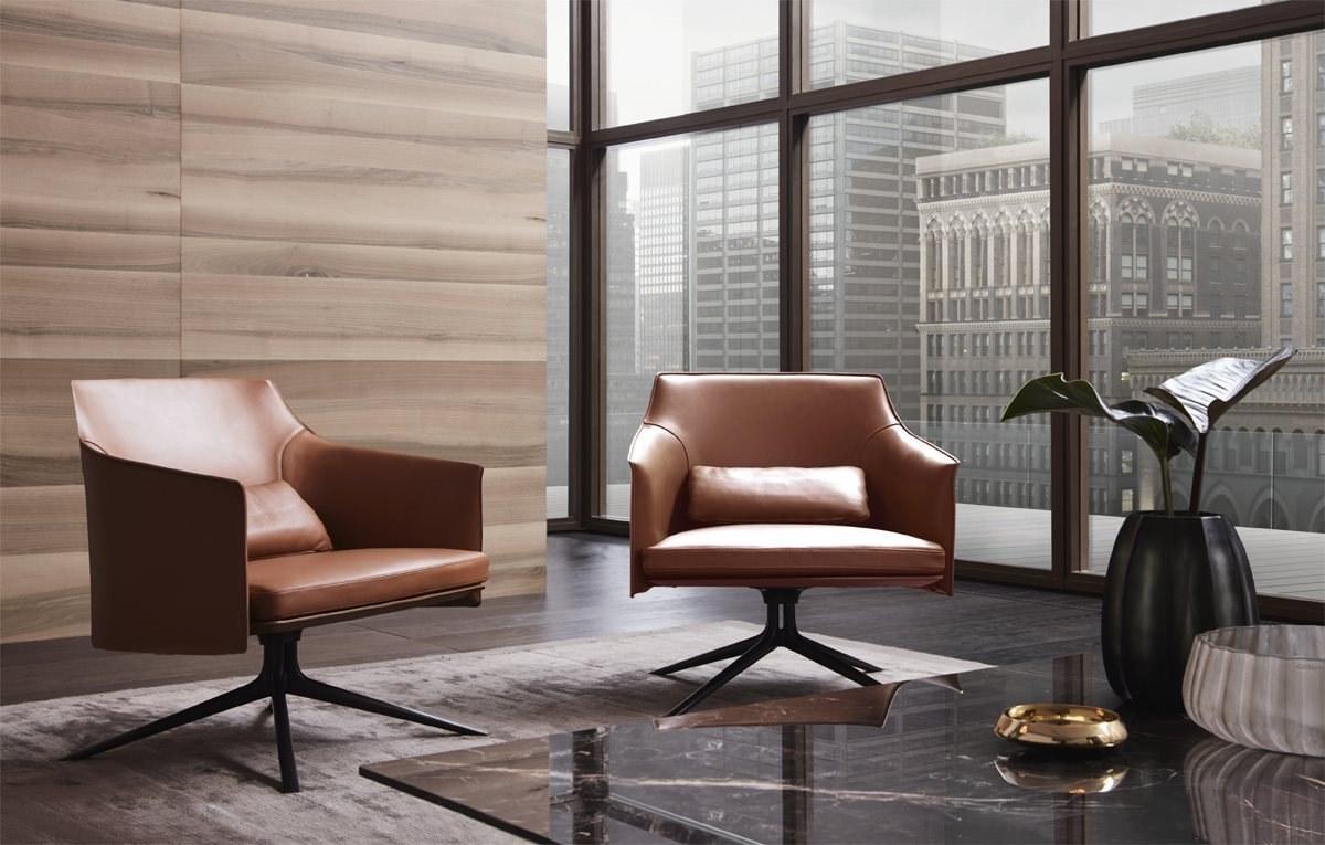 STANFORD Swivel tanned leather armchair with armrests