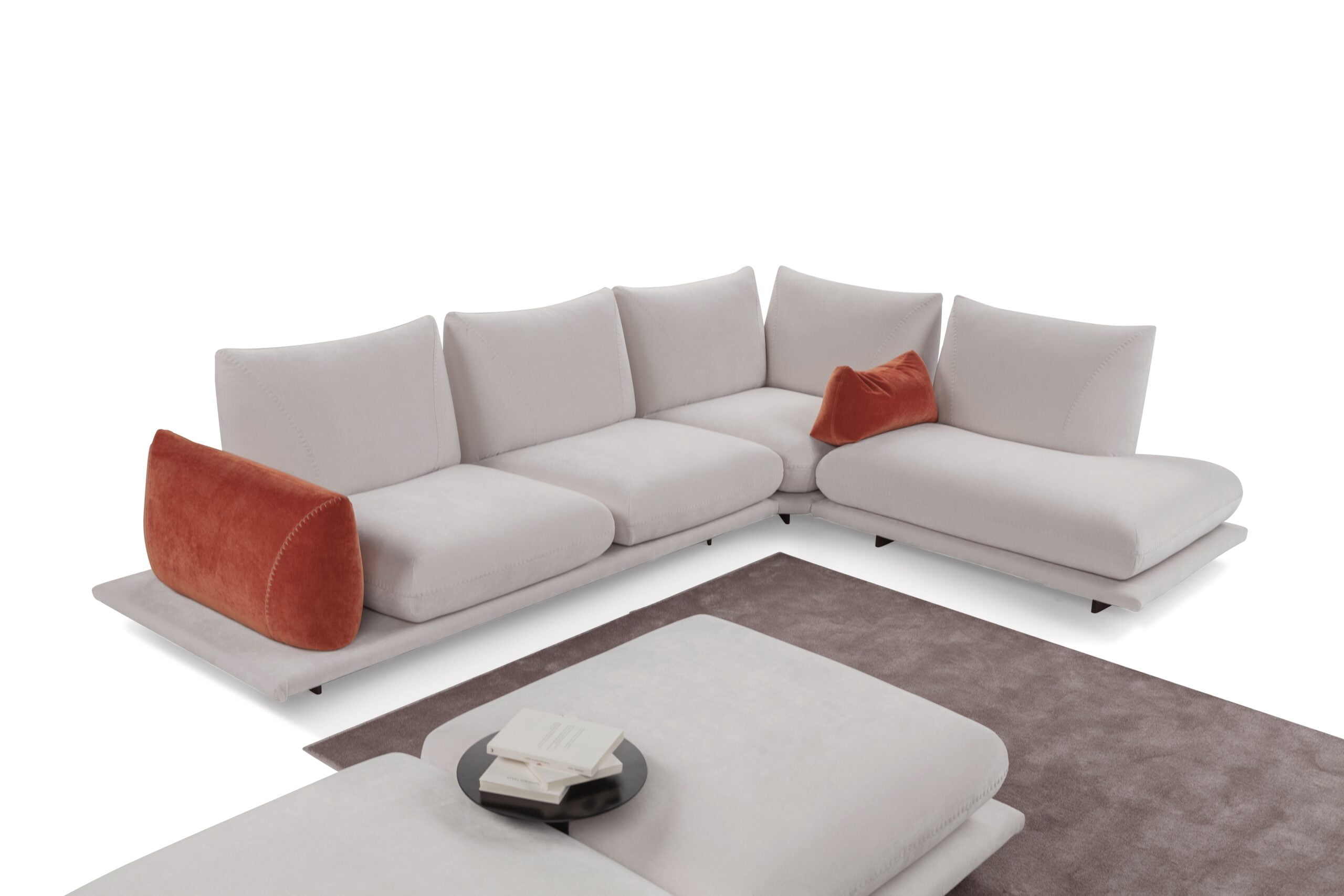PRALIN Modular 'Pralin' sofa with removable elements, wooden feet, and versatile configurations, including a day bed and integrated table, ensures customizable comfort and relaxation. PRALIN Modular 'Pralin' sofa with removable elements, wooden feet, and versatile configurations, including a day bed and integrated table, ensures customizable comfort and relaxation.