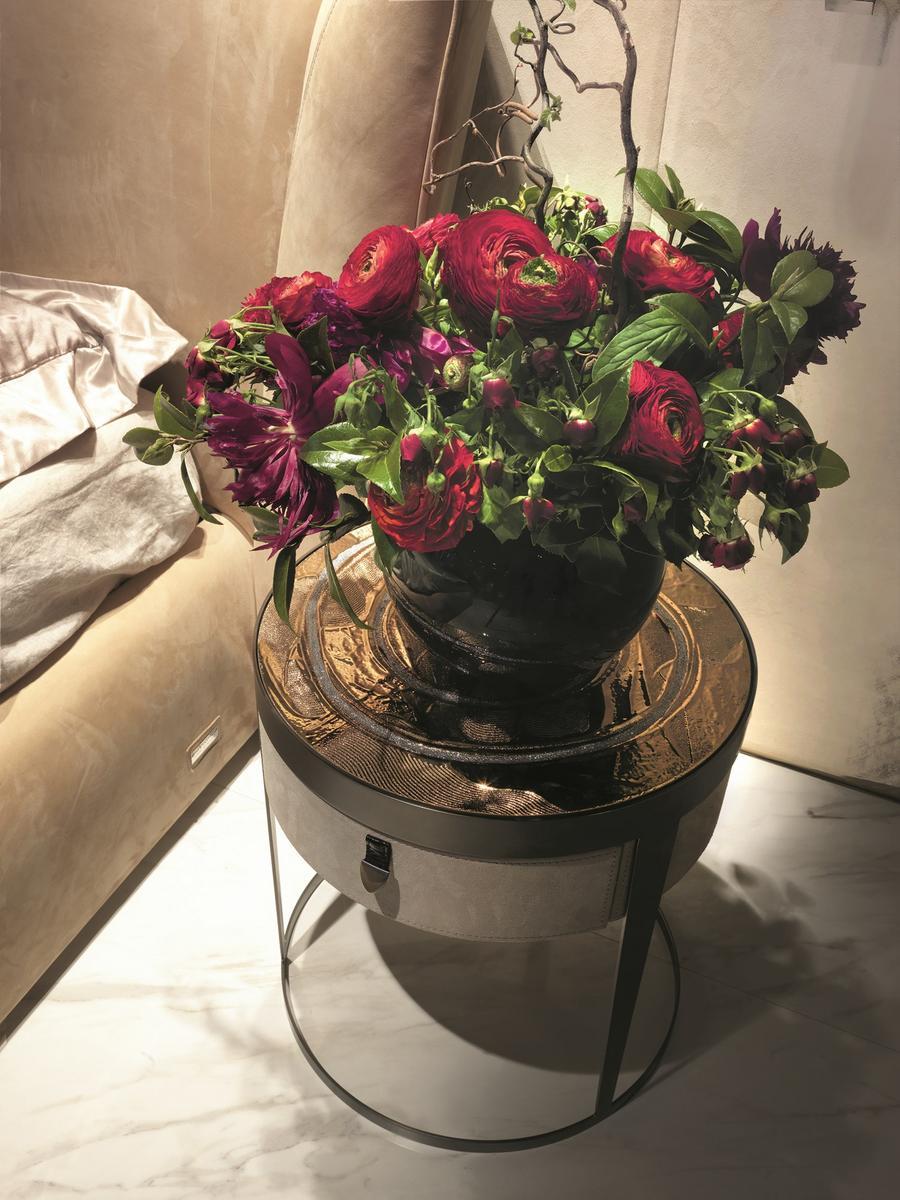 AMADEUS Round nabuk bedside table with drawers