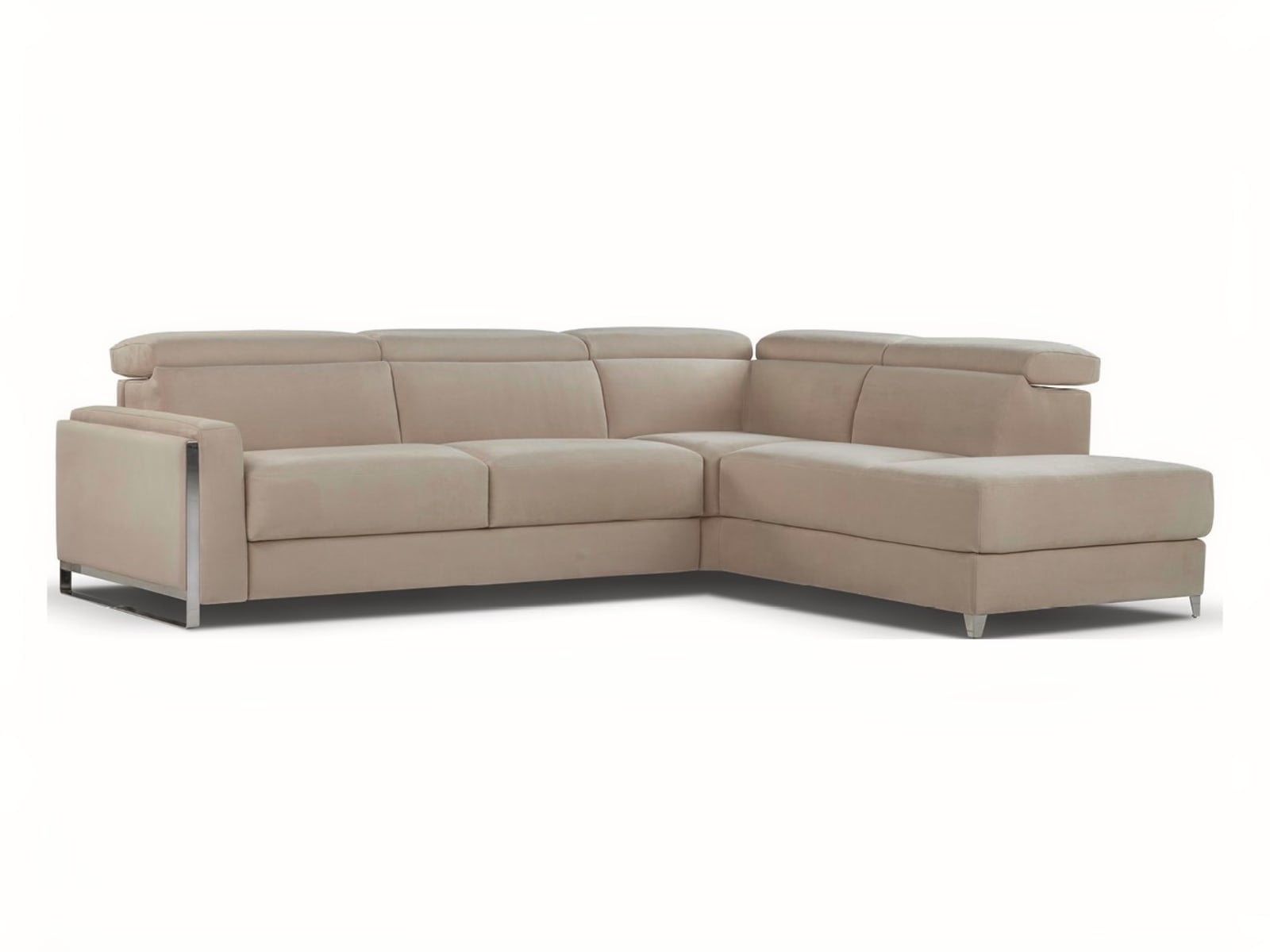 ECLETTICO Modular sofa with customizable armrests, combines a bed, recliner, and chaise-longue for versatile living and relaxation, in a minimalist design that suits any decor.