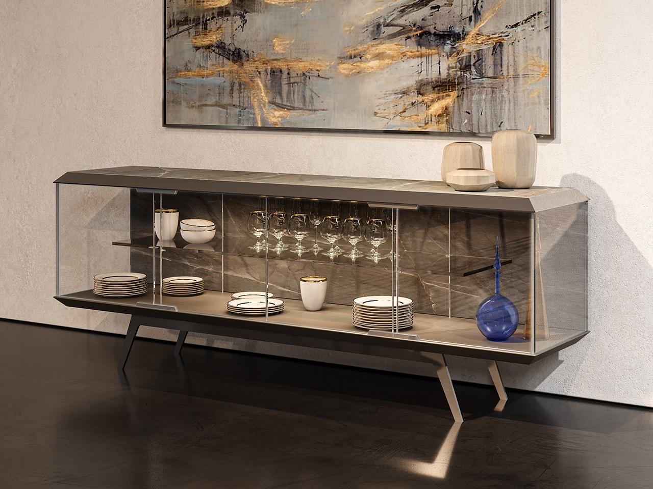 LONDON Glass sideboard with doors with integrated lighting