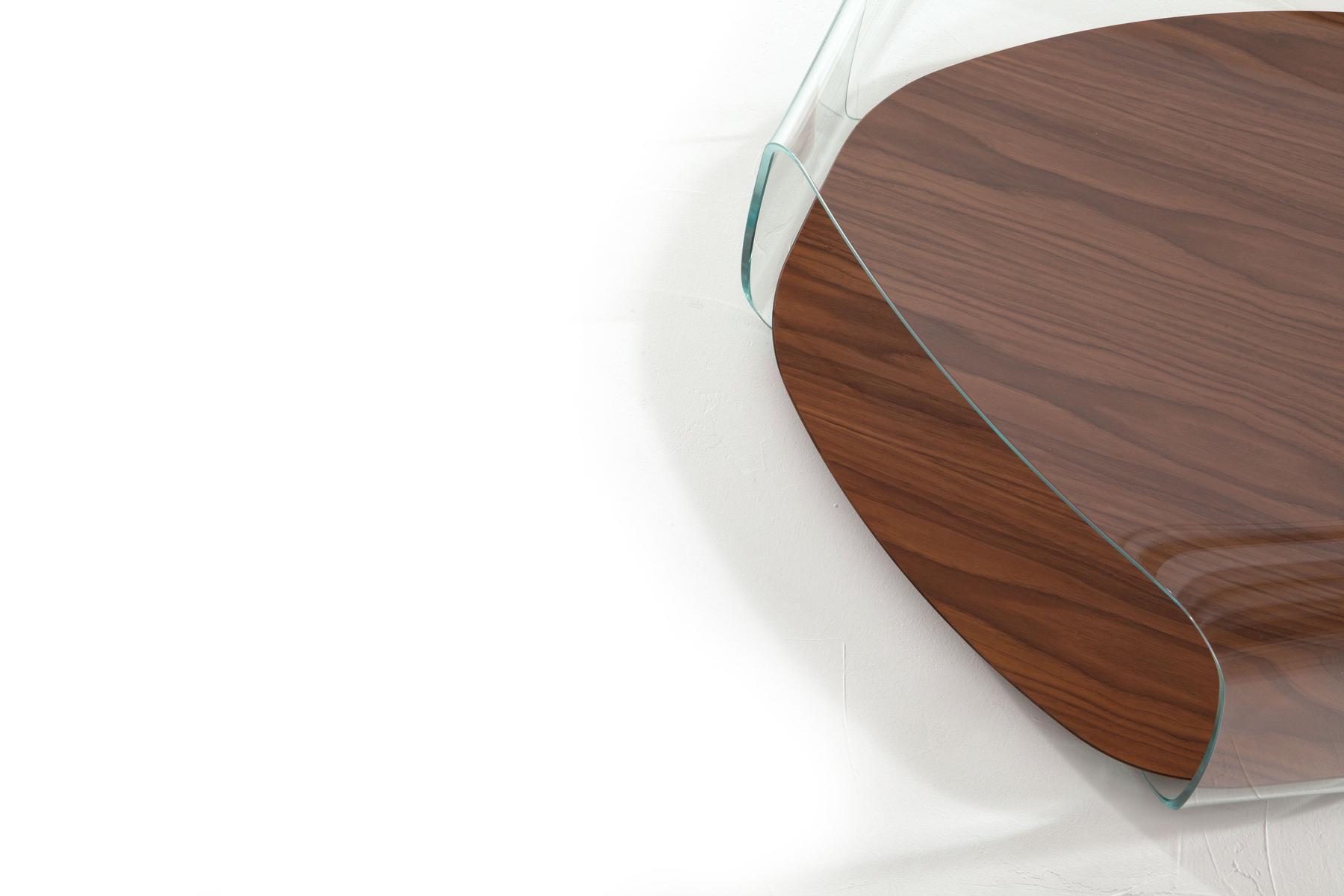 QUIET Low triangular wood and glass coffee table