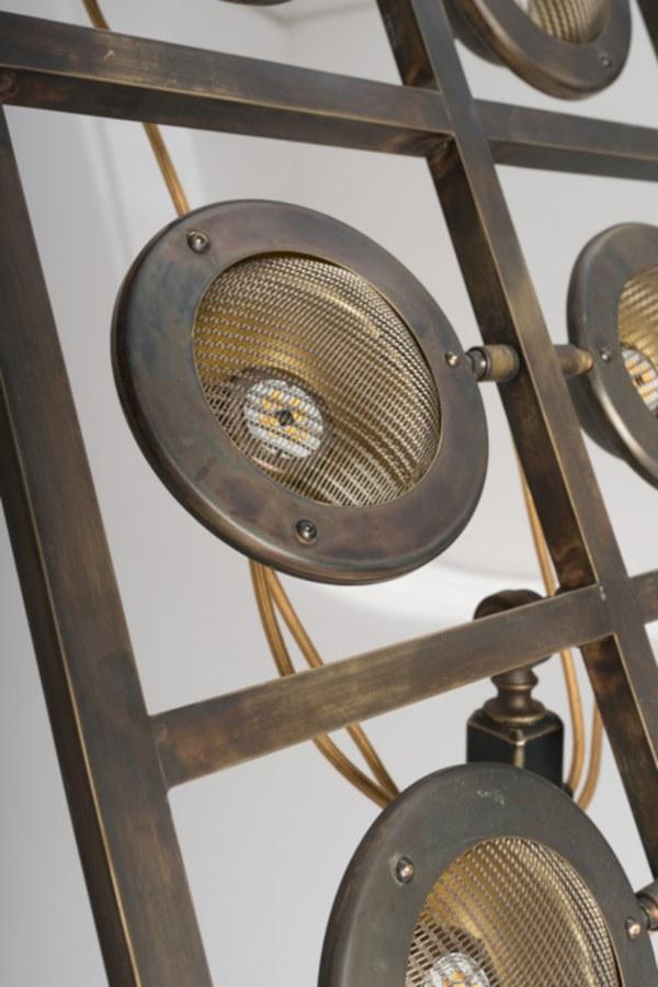 TOTÒ Acid etched brass and oak floor lamp with tripod