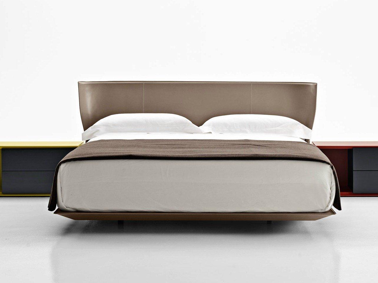 ALYS Tanned leather double bed with upholstered headboard