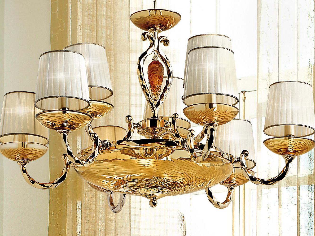 ARIANNA 535/6+3+3 Gold plated chandelier with amber crystal and shades